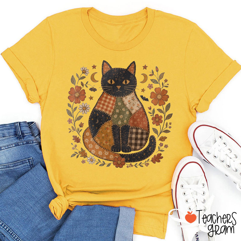 Patchwork Black Cat Floral Moon Star Graphic Teacher T‑Shirt