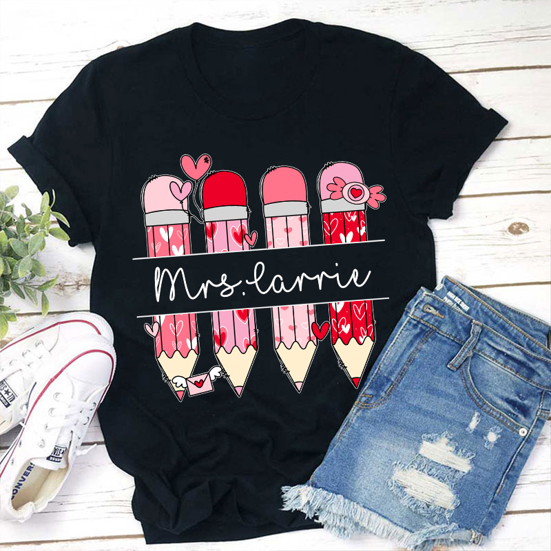 Personalized Pink Pencil Name Teacher T-Shirt Sale-Teachersgram