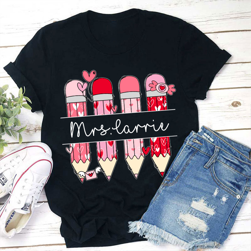 Personalized Pink Pencil Name Teacher T-Shirt