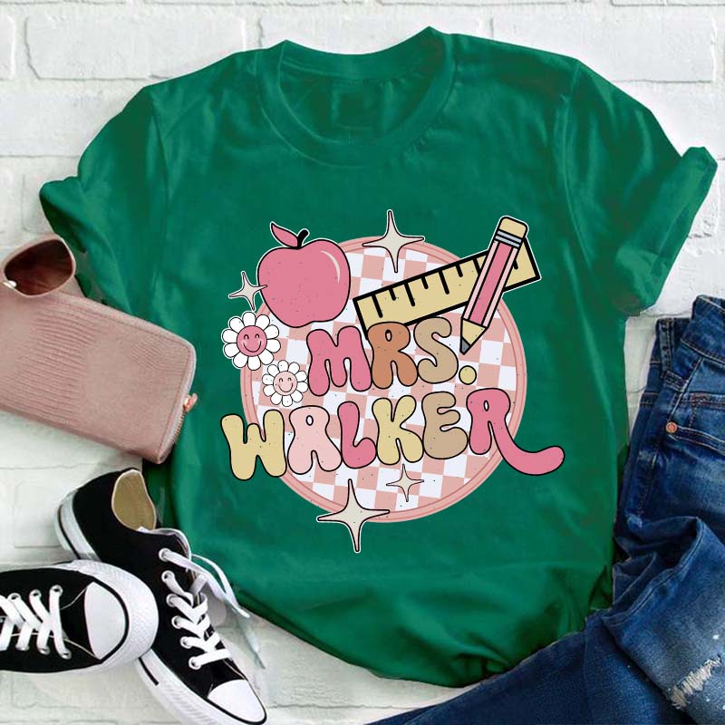 Personalized Pink Checkerboard Teacher T-Shirt