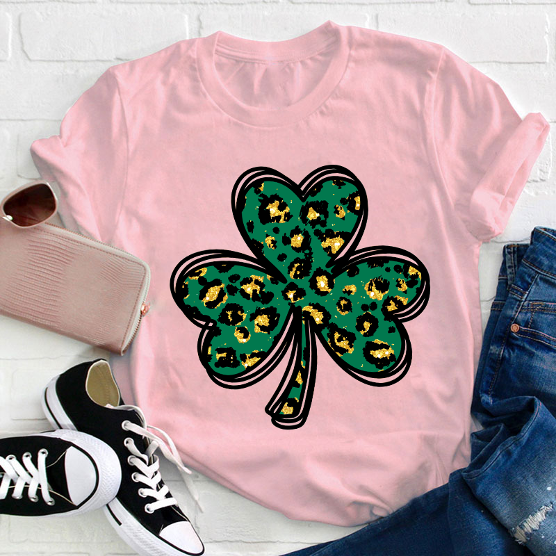 Leopard Glitter Shamrock Teacher T-Shirt