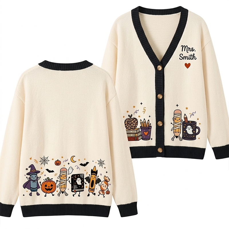 Personalized Name Fall Halloween Teacher Stationery Character Teacher Ugly Cardigan Sweaters