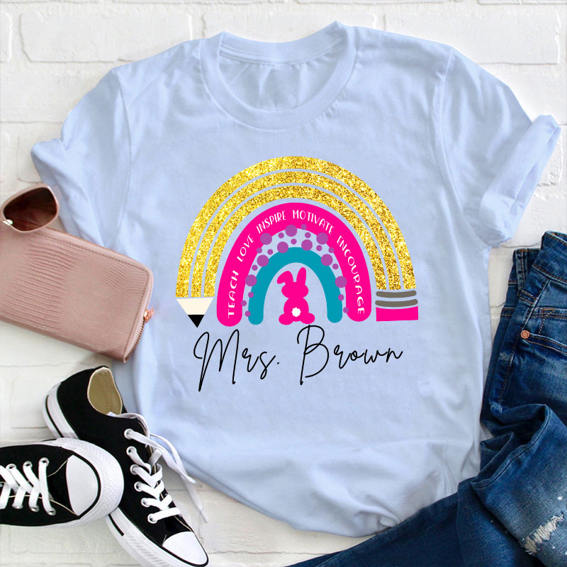 Personalized Name Easter Bunny Rainbow Teacher T-Shirt