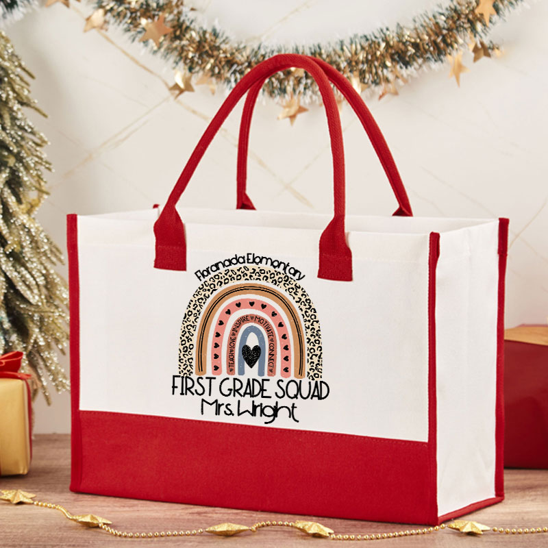 Personalized Grade Name And School Name Leopard Rainbow Teacher Cotton Tote Bag