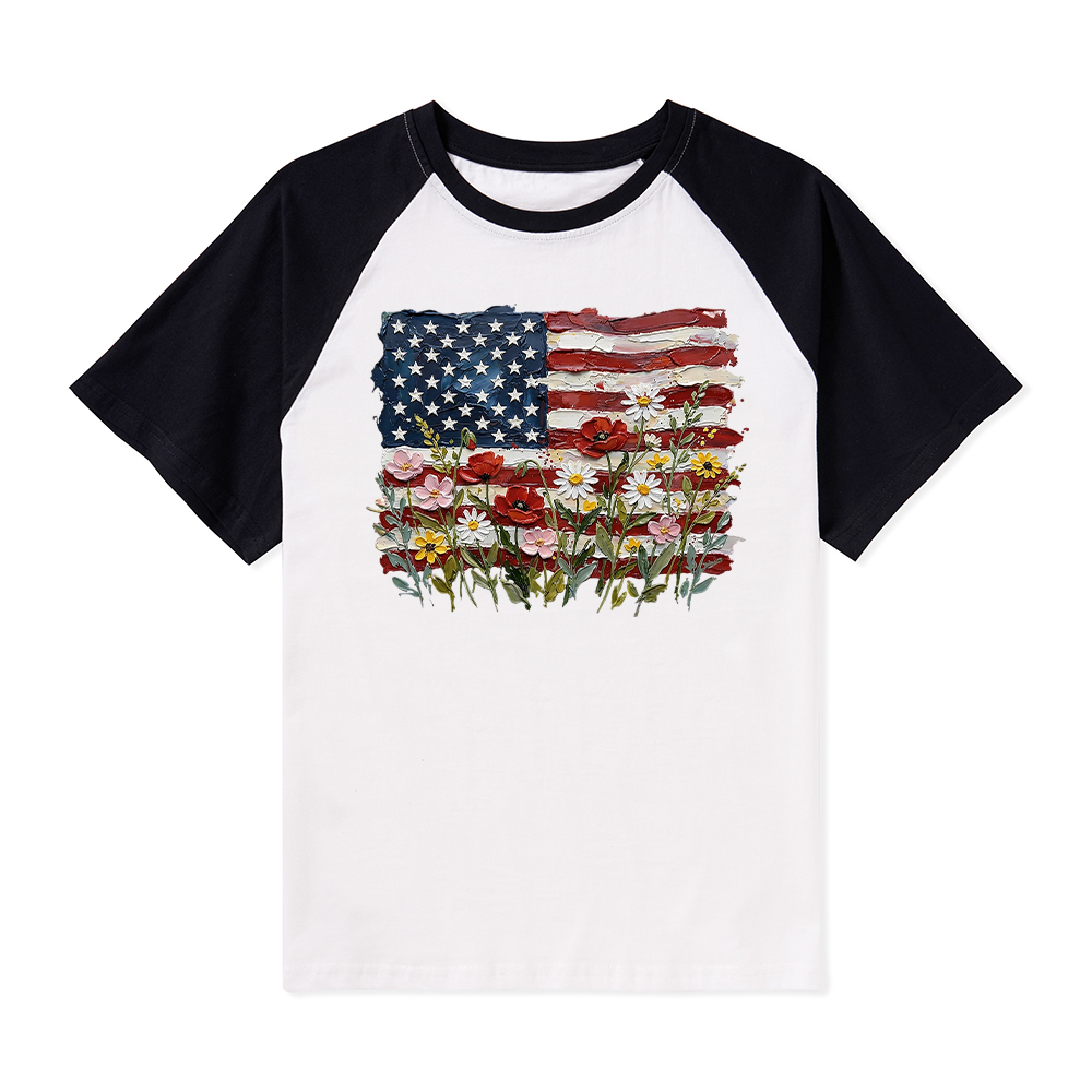 American Flag Floral Teacher Raglan T-Shirt