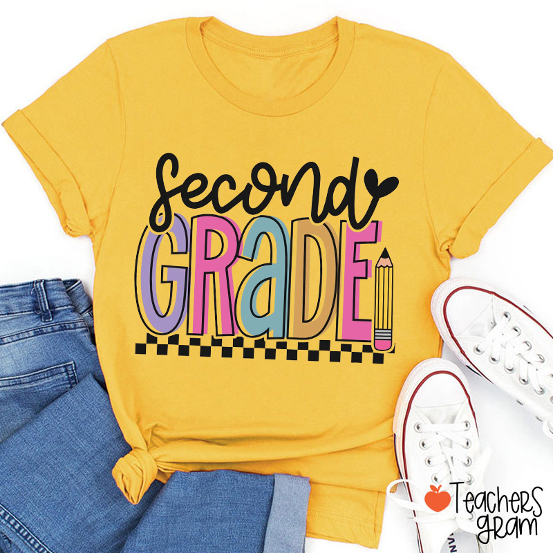 Personalized Grade Checkerboard Pencil Heart Teacher T-Shirt