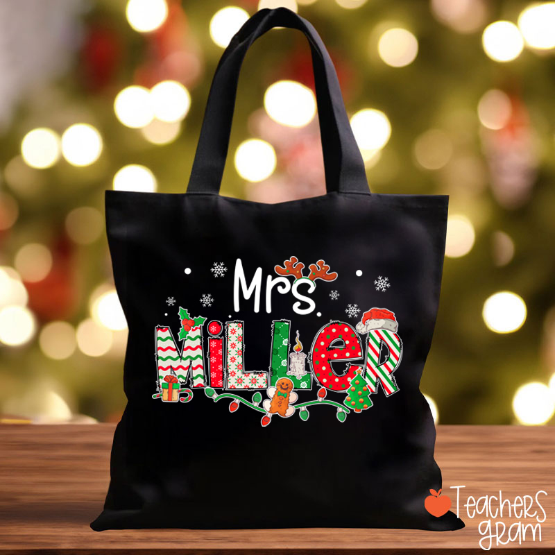 Personalized Teacher Name Christmas Teacher Tote Bag