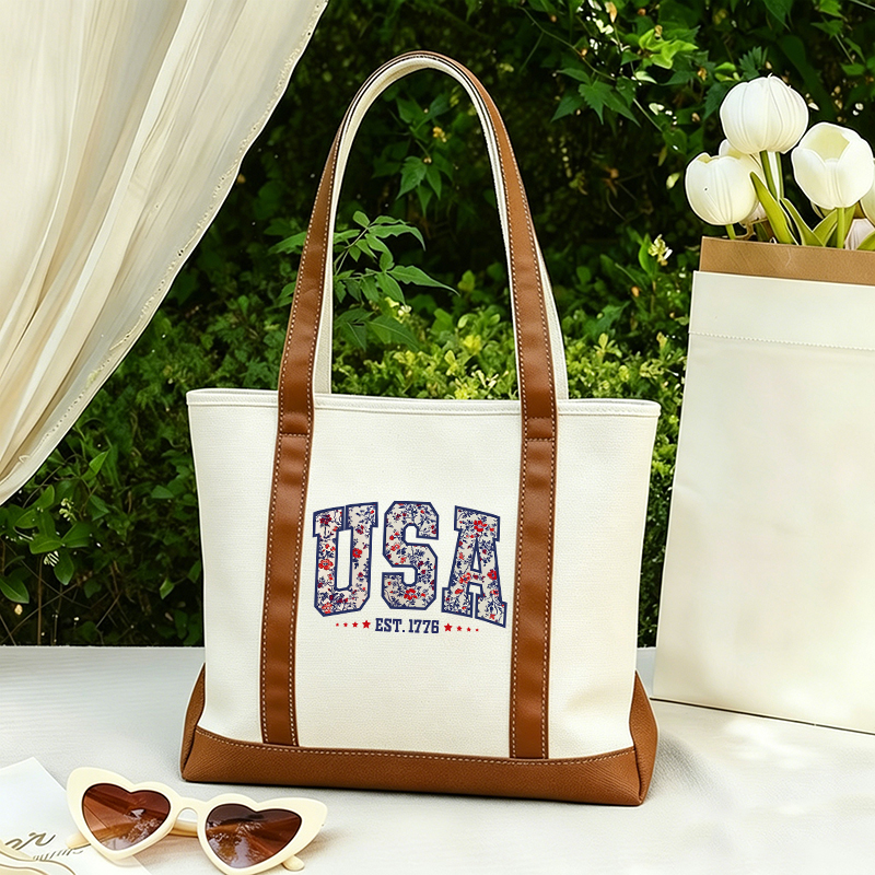 Retro Floral USA Teacher Canvas Tote Bag