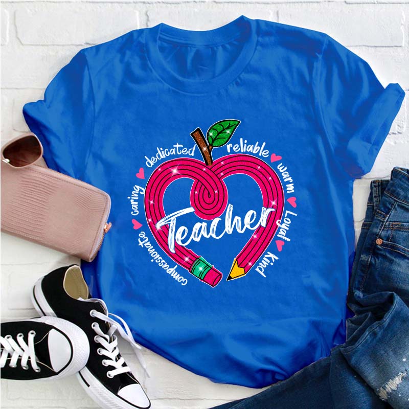 Glitter Apple Pencil Heart Teacher T-Shirt