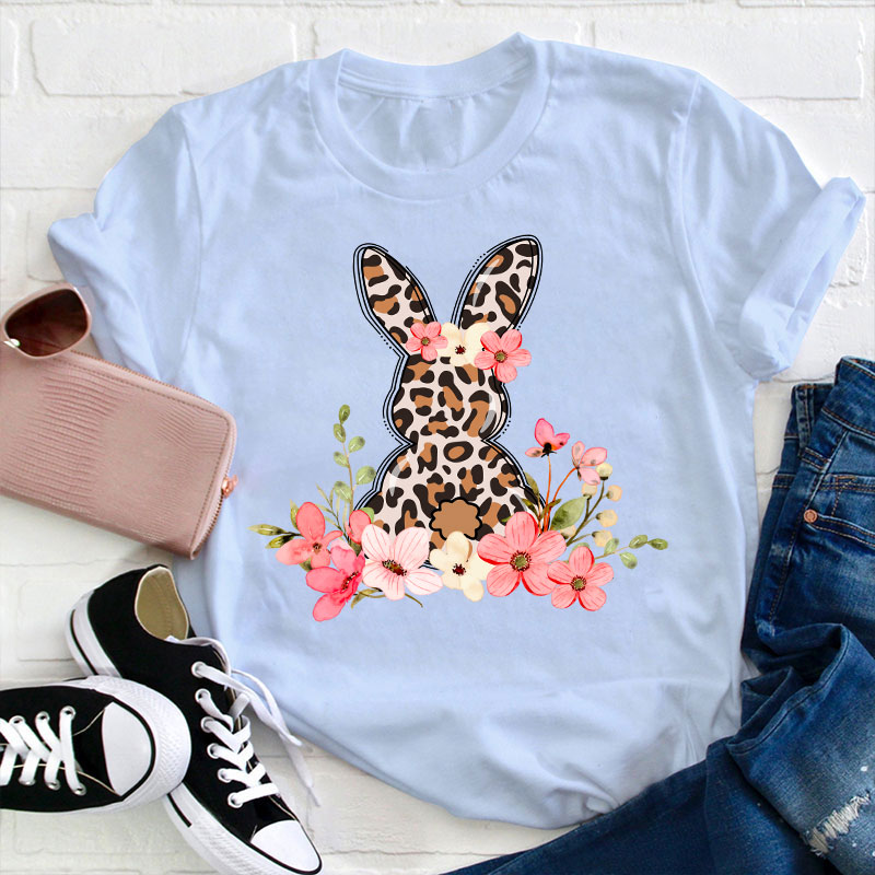 Leopard Floral Bunny Teacher T-Shirt