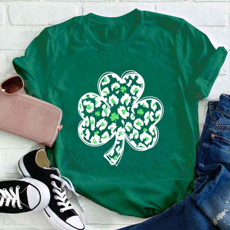 Green Leopard Clover Teacher T-Shirt