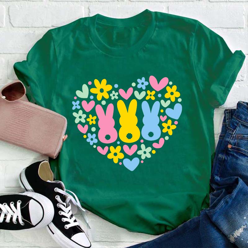 Floral Bunnies Heart Teacher T-Shirt
