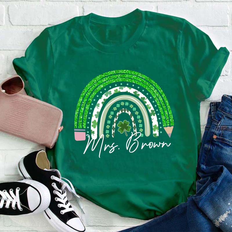Personalized Green Rainbow Pencil Name Teacher T-Shirt