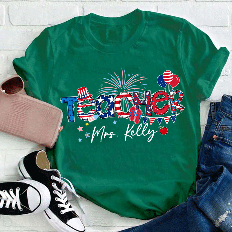 Personalized Name Flag Fireworks Balloon Teacher T-Shirt