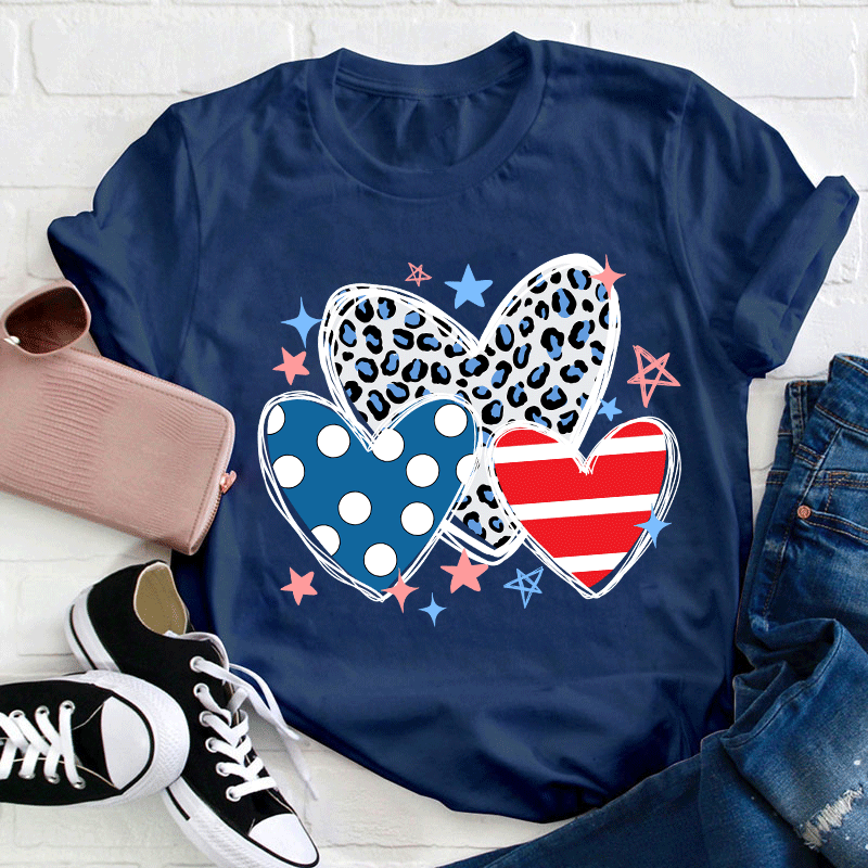 American Hearts Leopard Print Teacher T-Shirt