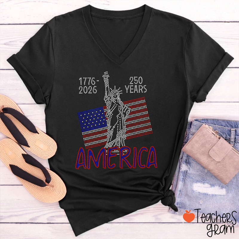 250 Years America Rhinestone Teacher Female V-Neck T-Shirt