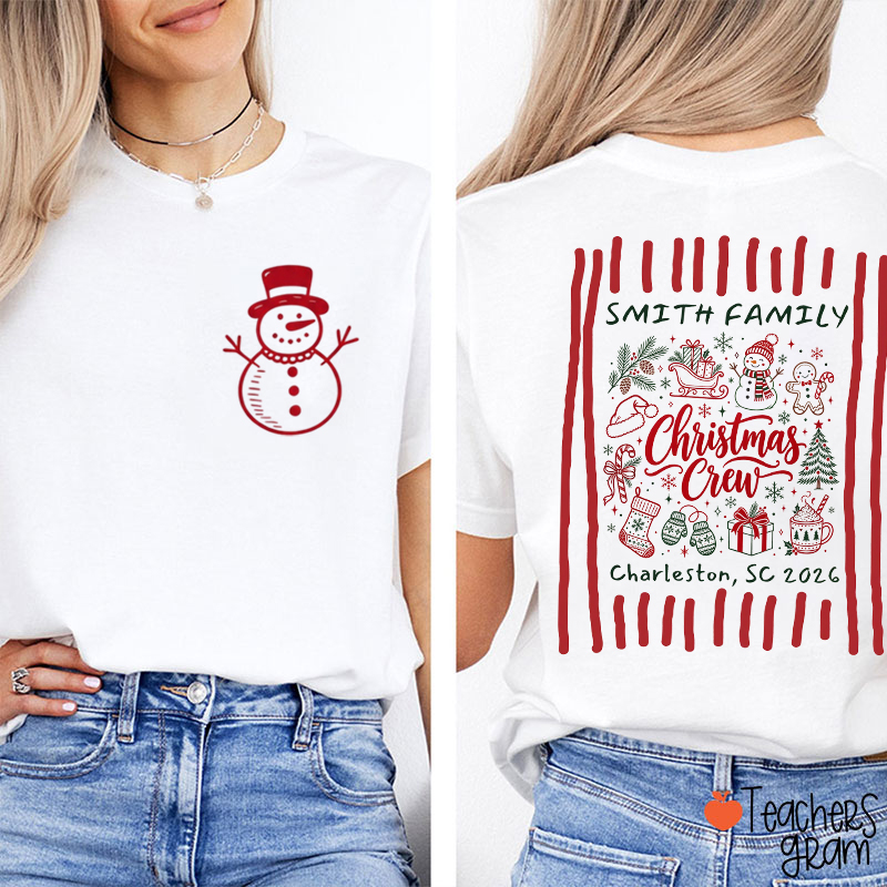 Personalized Christmas Family Crew Teacher Two Sided T-Shirt