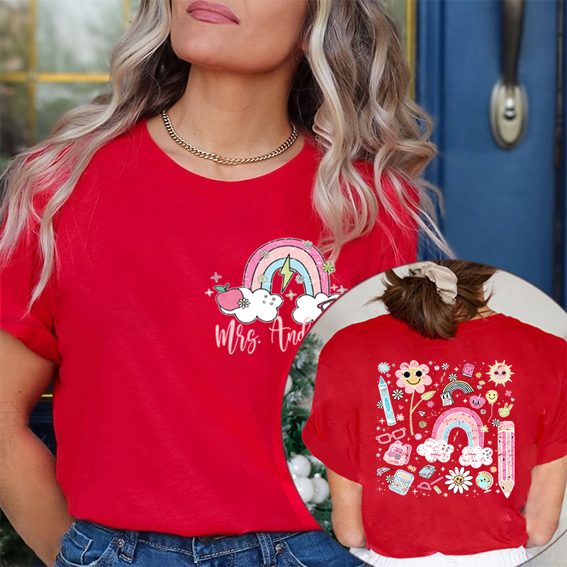 Personalized Pink Rainbow Cute Icon Teacher Two Sided T-Shirt