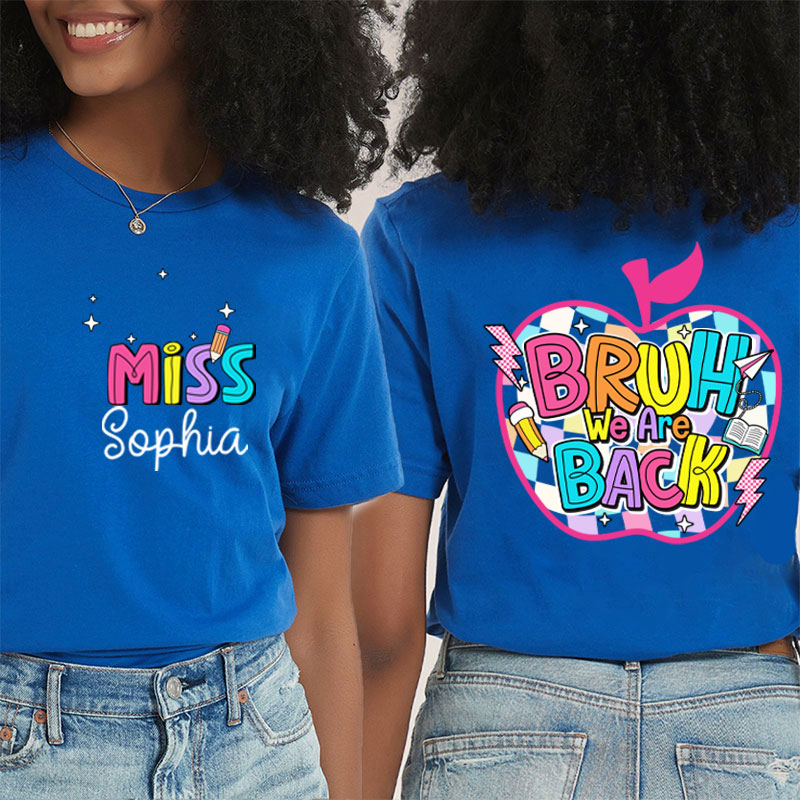 Personalized Teacher's Name Art Teacher Black And White Checkered Apple Design Teacher Two Sided T-Shirt