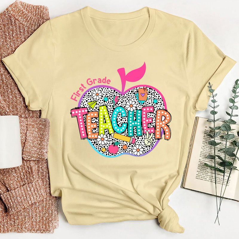 Personalized Neon Leopard Apple Grade Teacher T-Shirt
