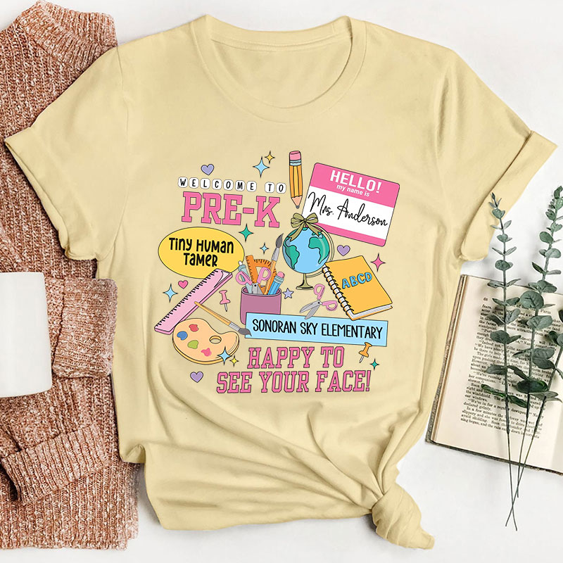 Personalized Teacher's Name School Name And Grade School Supplies Icon Teacher T-Shirt