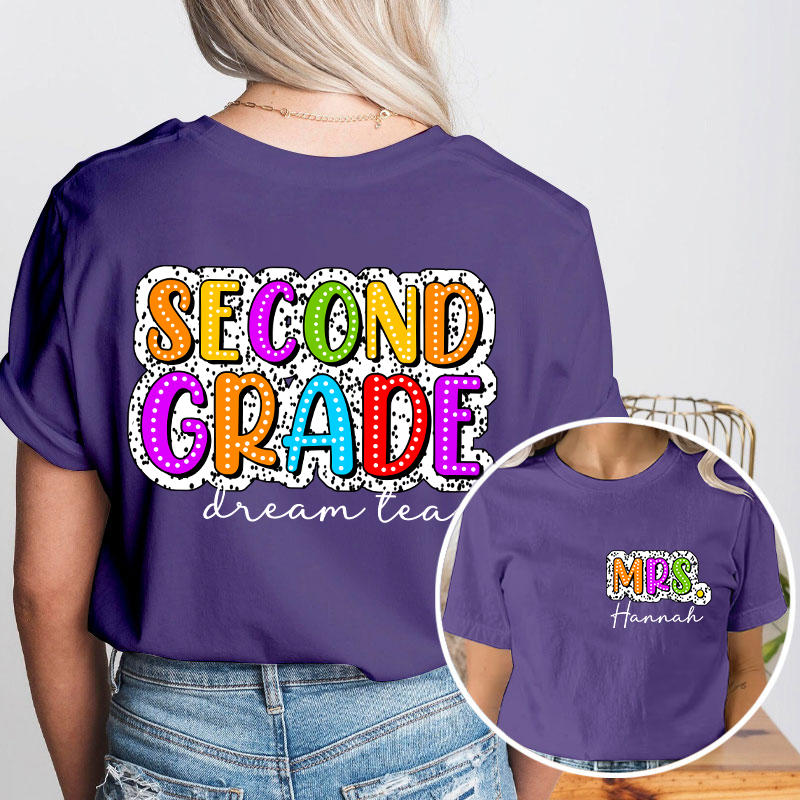Personalized Retro Dot Neon Lights Grade And Name Teacher Two Sided T-Shirt