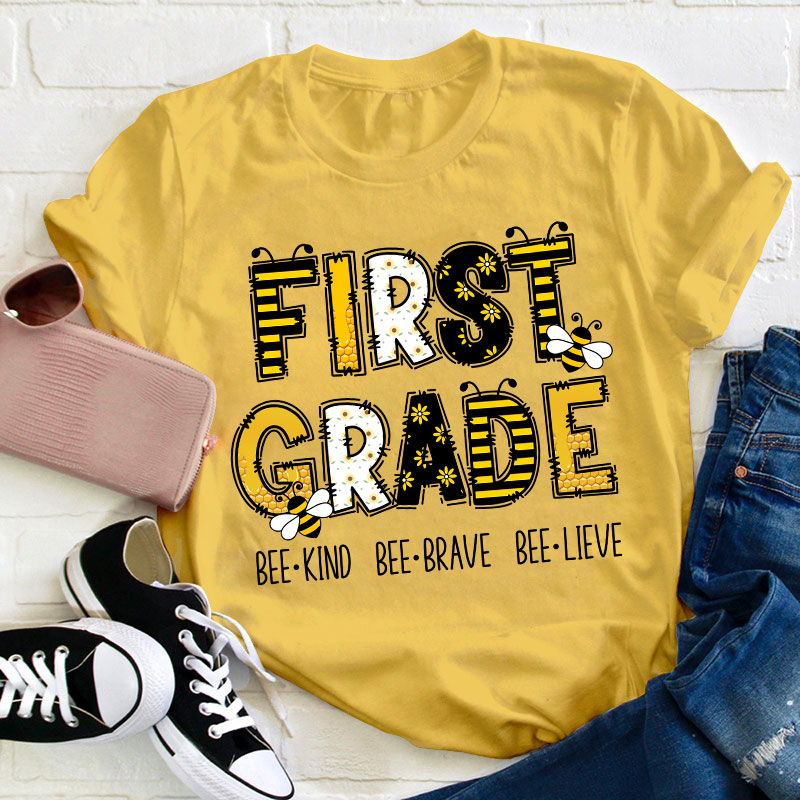 Personalized Grade Funny Bee Font Design Teacher T-Shirt