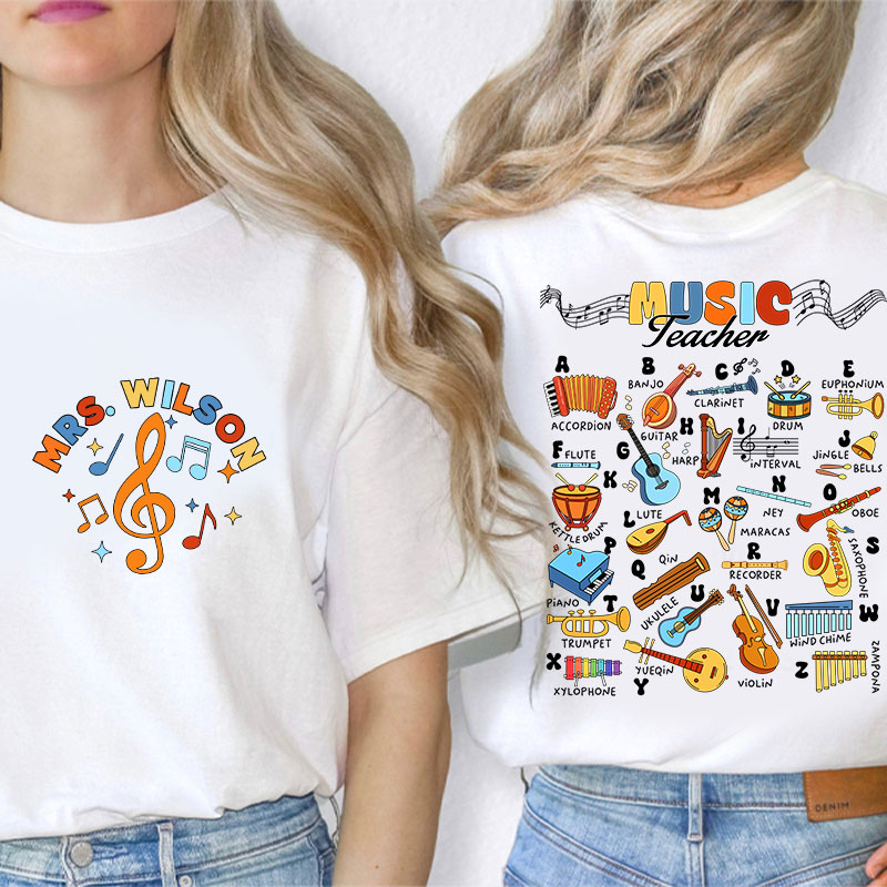 Personalized Music Teacher's Name Musical Instrument Icons Teacher Two Sided T-Shirt Sale-Teachersgram