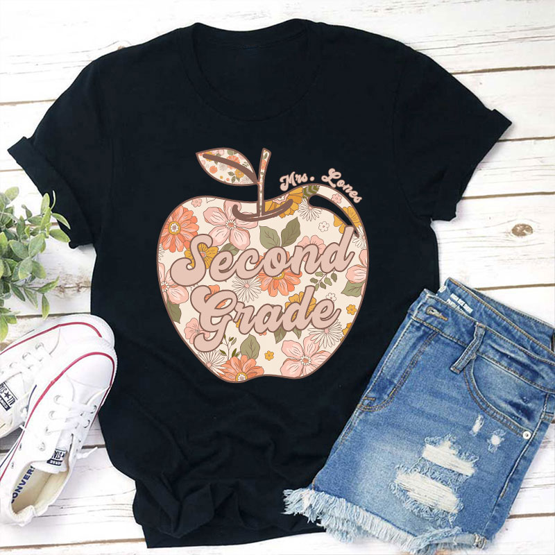 Personalized Vintage Floral Print Apple Teacher T-Shirt
