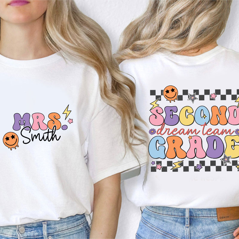 Personalized Teacher's Name And Grade Smiley Face Print Teacher Two Sided T-Shirt