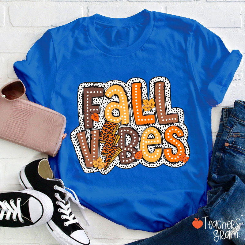 Fall Vibes Leopard Lightning Teacher T-Shirt