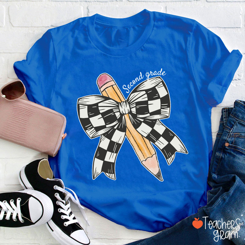 Personalized Grade Checkered Bow Pencil Teacher T-Shirt