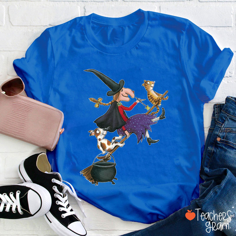 Witch Dog Cat Dark Gothic Halloween Teacher T-Shirt