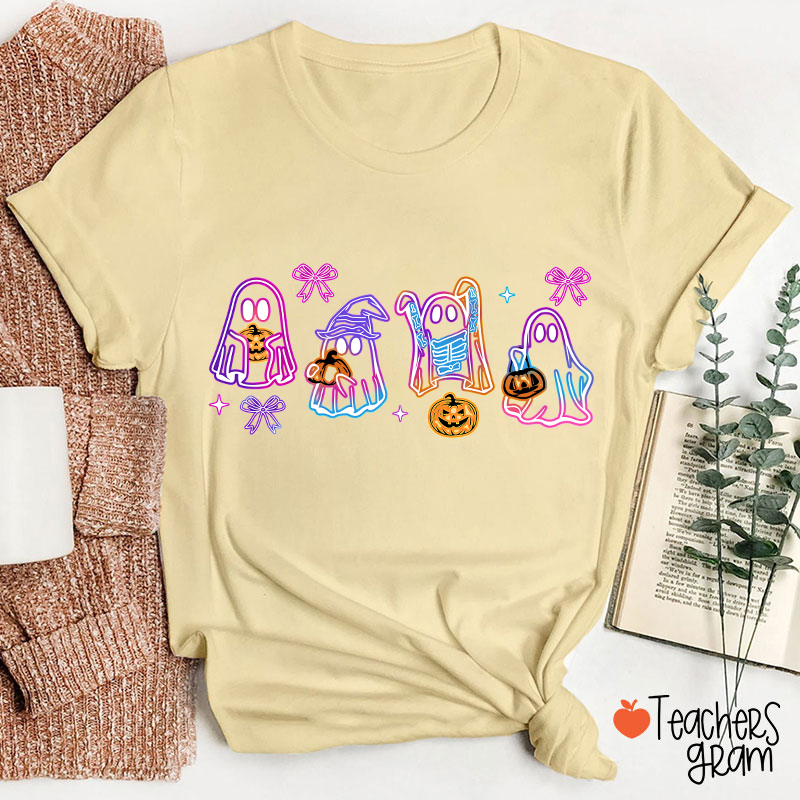 Colorful Neon Ghost Pumpkin Teacher T-Shirt
