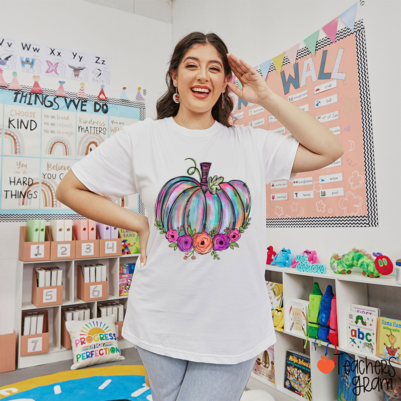 Colorful Pumpkin Watercolor Pumpkin Teacher T-Shirt