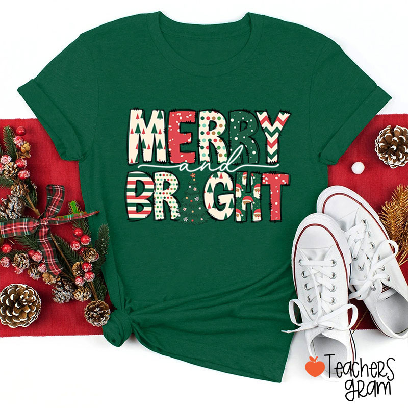 Merry and Bright Christmas Vibe Teacher T-Shirt