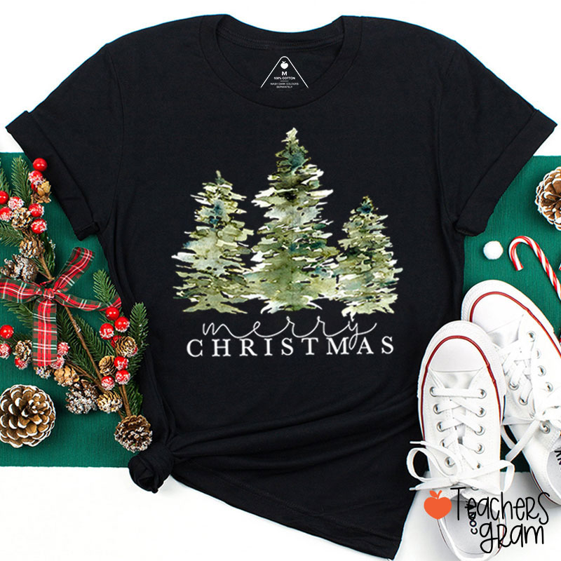 Merry Christmas Green Tree Teacher T-Shirt