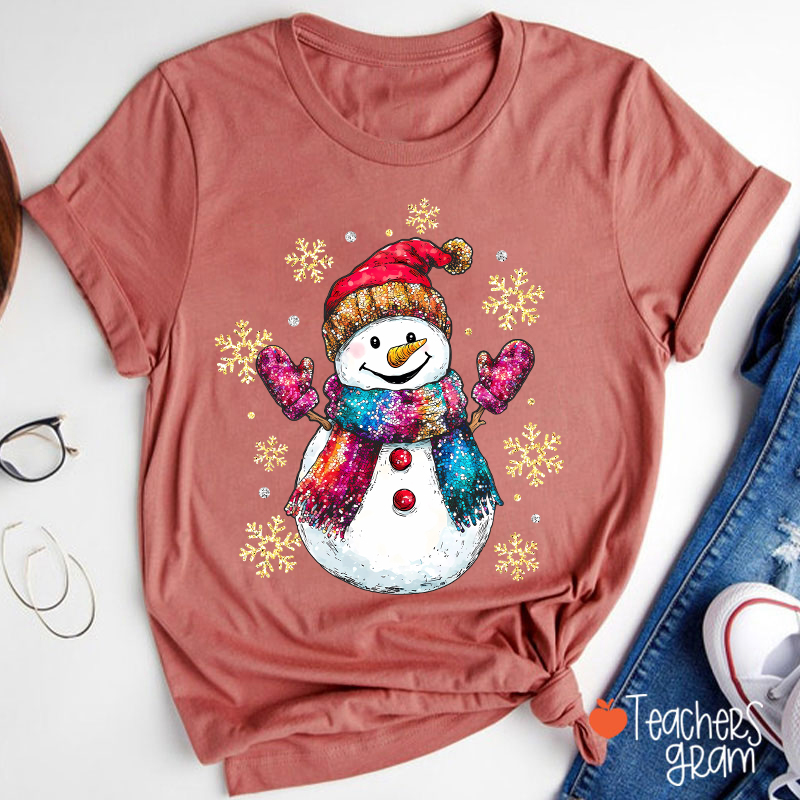 Colorful Scarves Snowman Teacher T-Shirt