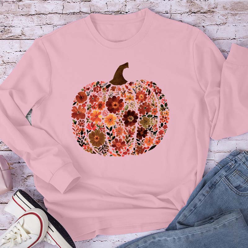 Pumpkin Orange Flowers Grass Teacher Long Sleeve T-Shirt