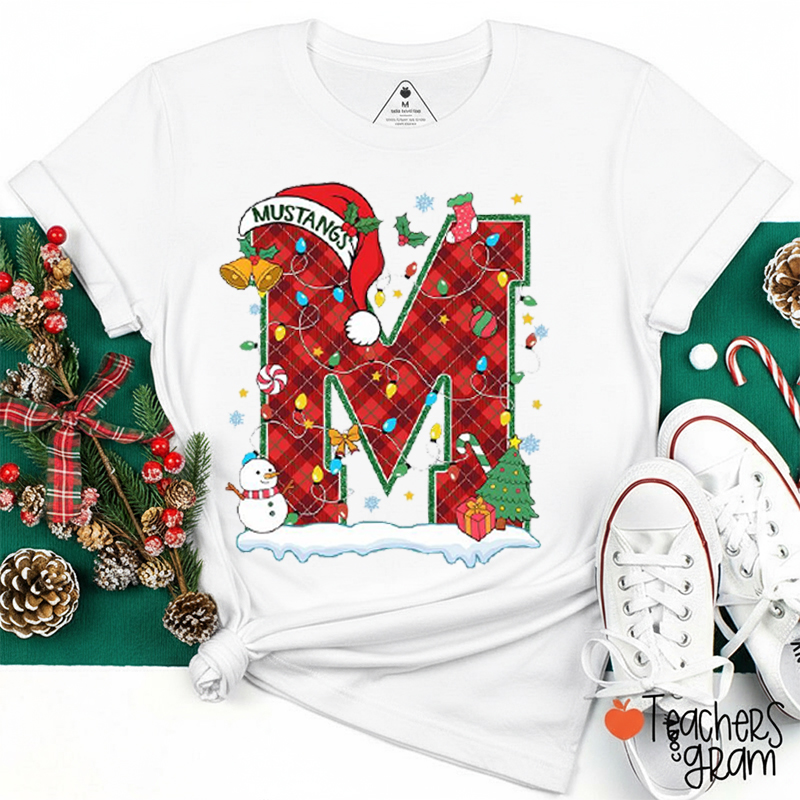 Personalized Name And Initial Christmas Plaid Fabric Teacher T-Shirt