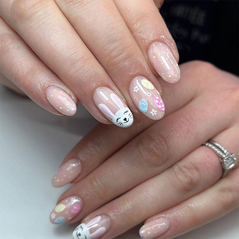 24pcs Oval Rabbit Easter Egg Teacher Fake Nail