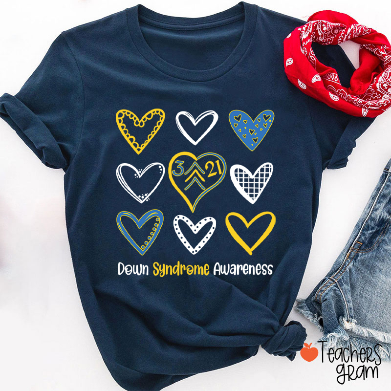 Down Syndrome Awareness Heart Teacher T-Shirt