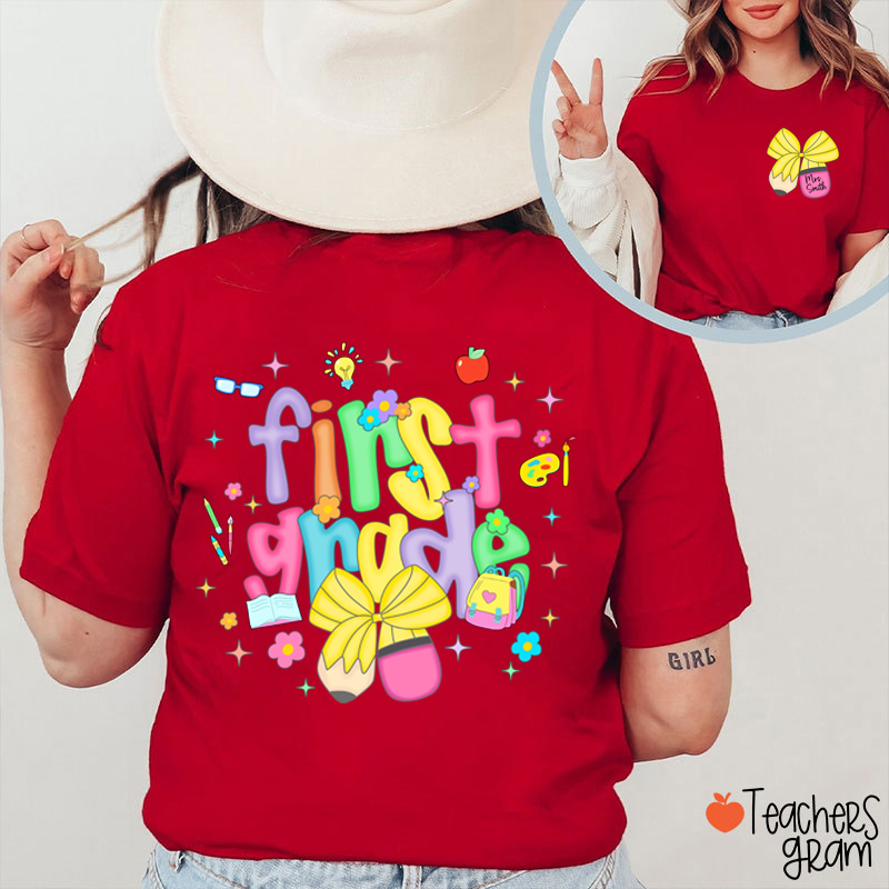 Personalized Name And Grade Pencil Bow Candy Color Fonts Teacher Two Sided T-Shirt