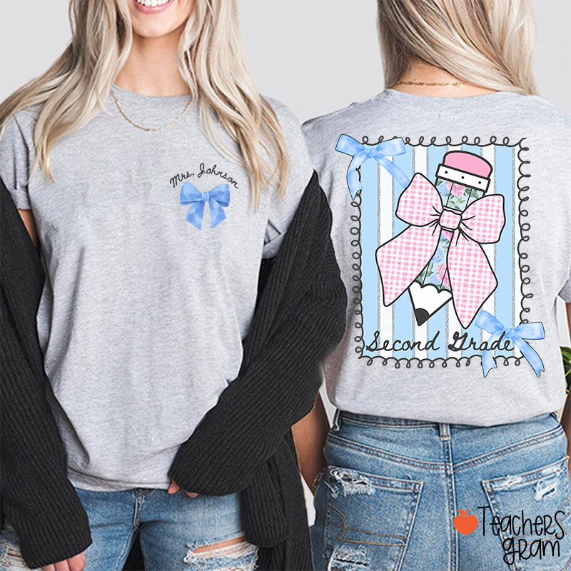 Personalized Grade And Name Flower Pencil Checkered Bow Teacher Two Sided T-Shirt