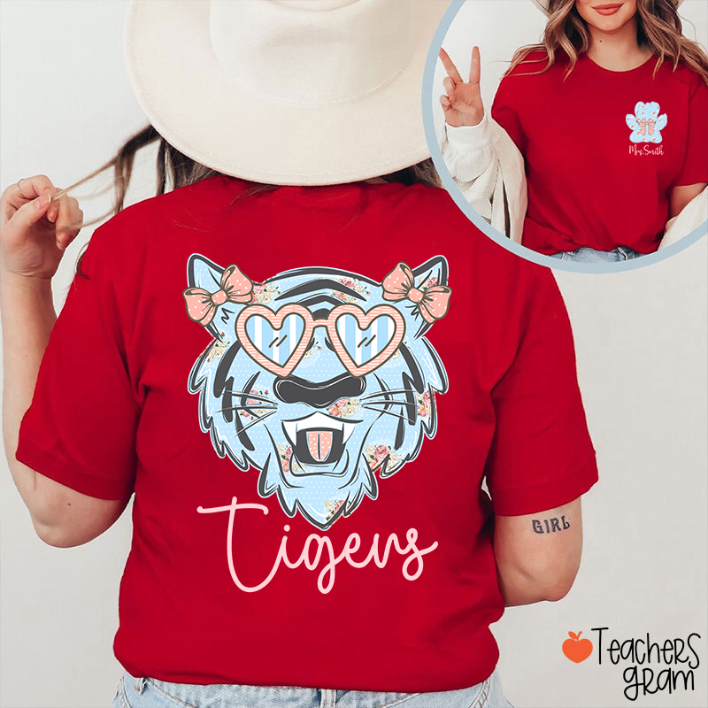 Personalized Mascot And Name Cute Coquette Bow Teacher Two Sided T-Shirt