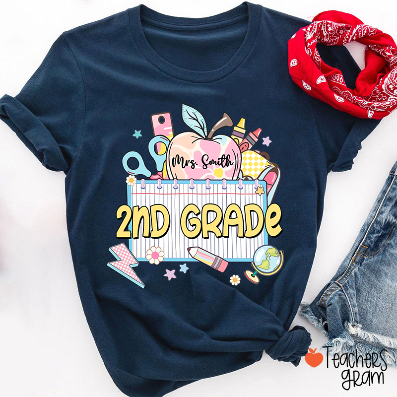 Personalized Grade And Name Apple Notebook Teacher T-Shirt