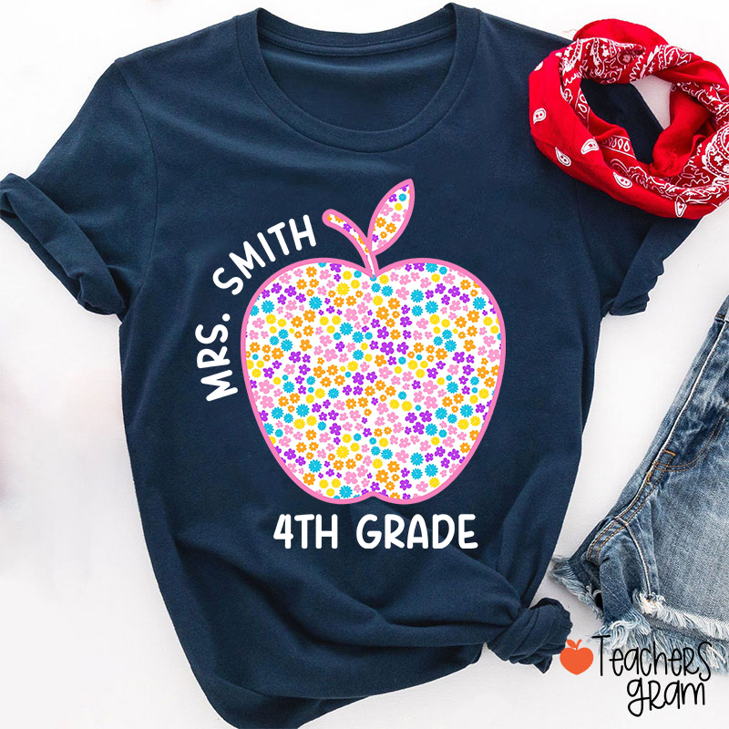 Personalized Grade And Name Blue And White Porcelain Apple Teacher T-Shirt