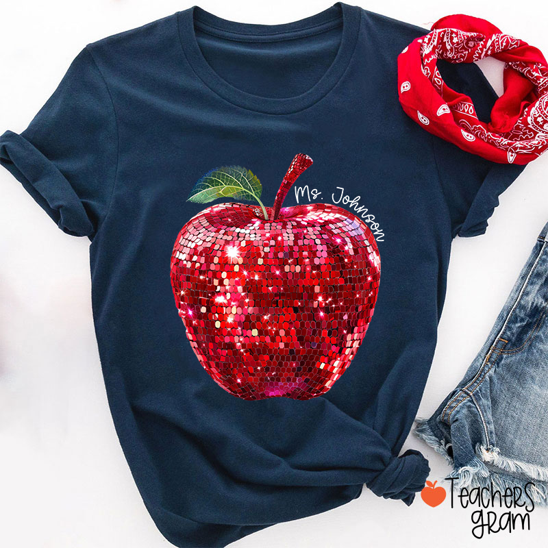 Personalized Red Glitter Apple And Name Teacher T-Shirt