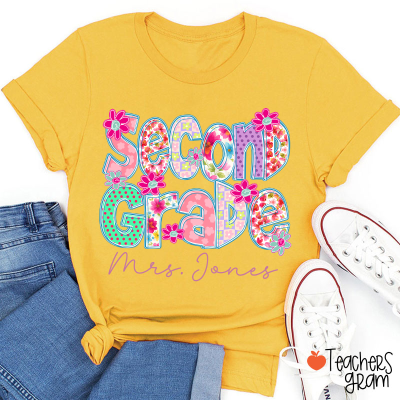 Personalized Grade Flowers Font Teacher T-Shirt