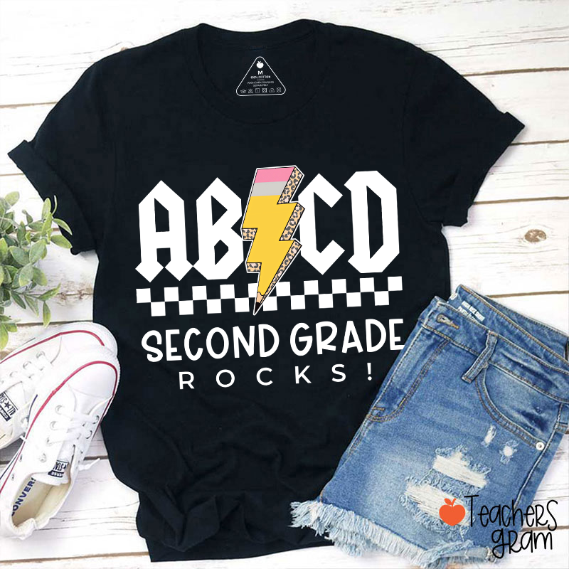Personalized Grade Lightning Pencil Checkerboard Teacher T-Shirt